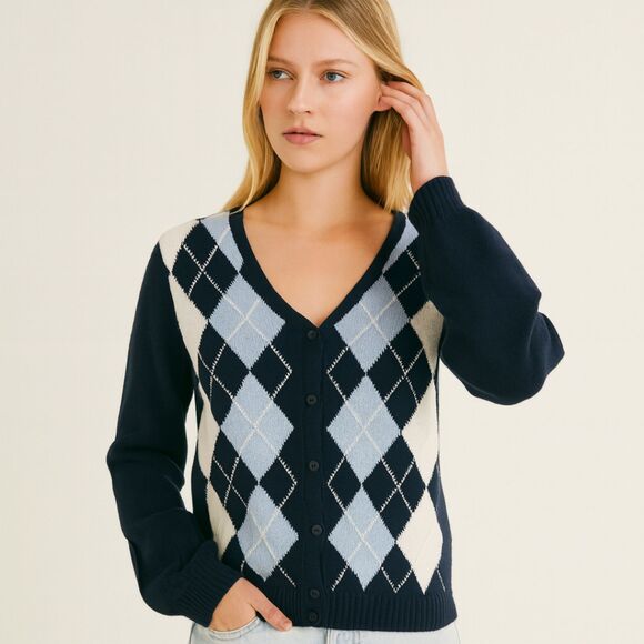 Brandy Millville Cardigan Sweater Women's Size M Blue Argyle Classic Minimalist - Picture 6 of 6